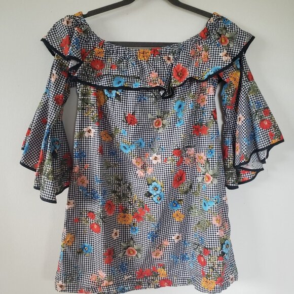 Zara Top Tunic Off Shoulder Bell Sleeves Floral Gingham L Cotton Ruffle - Picture 2 of 7
